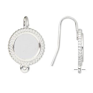 Ear wire fishhook 1pkg10, 23mm / 12mm beaded round glue-in cab setting / closed loop, 18 gauge silver-finished brass 5 pair