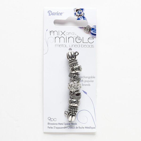 Bead, glass rhinestone and antiqued silver-finished "pewter" (zinc-based alloy), clear, 9x8mm-12x9mm assorted rondelle, 4.5-7mm hole. Sold per pkg of 9. image number 0