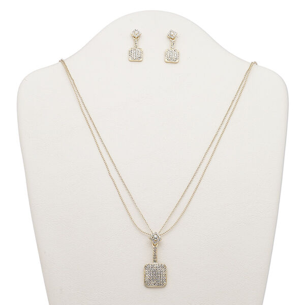 Necklace and earring set, 2-strand, Egyptian glass rhinestone / gold-finished steel / brass / "pewter" (zinc-based alloy), clear, 45x20mm with square, 32-inch necklace with 2-inch extender chain and lobster claw clasp, 30mm earrings with post. Sold per set. image number 0