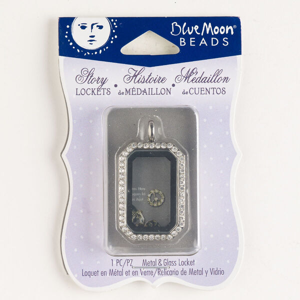 Pendant, silver-finished brass and glass, clear, 33x23mm rectangle locket with magnetic closure. Sold individually. image number 0