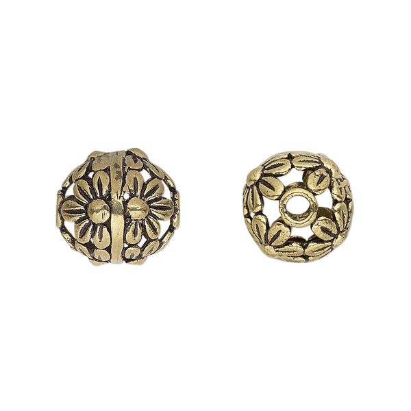 Bead, antique gold-finished brass, 12mm round with flowers, 2mm hole. Sold per pkg of 4. image number 0