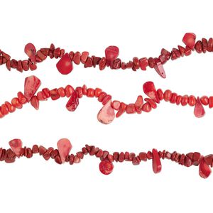 Bead mix, bamboo coral (dyed), light to dark red, top- and center-drilled small to extra-large chip and 14x9mm-20x14mm teardrop, Mohs hardness 3-1/2 to 4. Sold per (3) 8-inch strands.