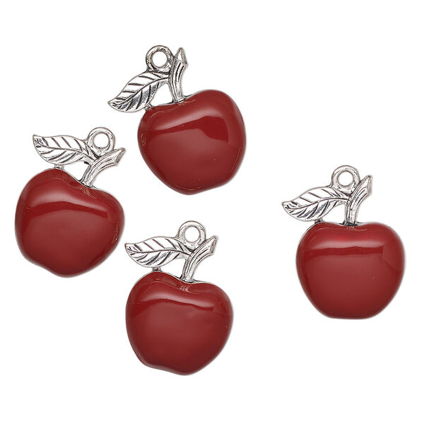 Charm, antique silver-finished enamel "pewter" (zinc-based alloy), red and green, 19mm apple. Sold per pkg of 4. image number 0