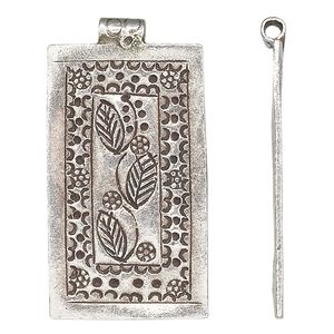 Focal, Hill Tribes, antiqued sterling silver, 39x20mm rectangle with etched flowers and leaves. Sold individually.