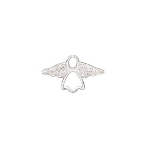Charm, sterling silver and cubic zirconia, clear, 19x11mm single-sided open angel. Sold individually.