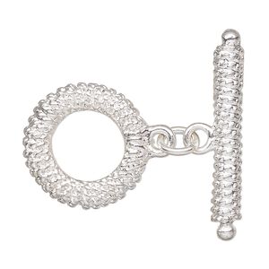 Clasp, toggle, silver-finished "pewter" (zinc-based alloy), 20mm textured round. Sold individually.