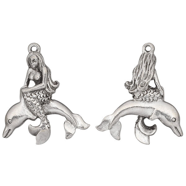 Charm, antiqued pewter (tin-based alloy), 25x23.5mm two-sided mermaid on a dolphin. Sold individually. image number 0