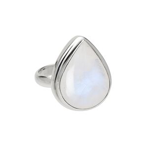 Ring, sterling silver and rainbow moonstone (natural), 20x14mm teardrop cabochon, size 8. Sold individually.