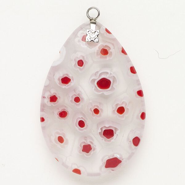 Focal 1pkg1 silver-finished steel and millefiori glass, translucent and transparent clear / white / red, 44x30mm-46x32mm puffed teardrop. image number 0