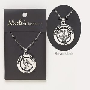 Necklace, antique silver-finished "pewter" (zinc-based alloy) and silver-finished steel, 24mm round with "PEACE LOVE JOY" and two-sided swivel with dove and heart peace sign, 24 inches with 2-inch extender chain and lobster claw clasp. Sold individually.