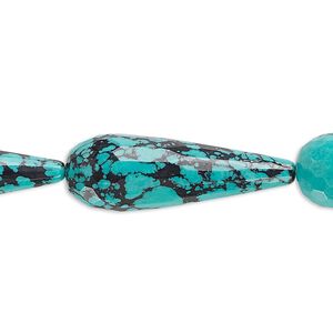 Bead, "turquoise" (resin) (imitation), blue and black, 30x10mm faceted teardrop with matrix. Sold per 8-inch strand, approximately 7 beads.