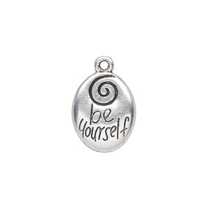 Drop, antique silver-plated "pewter" (zinc-based alloy), 17x13mm double-sided oval with "be yourself." Sold per pkg of 10.
