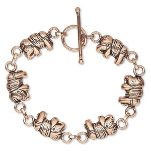 Bracelet, antiqued copper, 30x12mm elephant, 7 inches with toggle clasp. Sold individually.