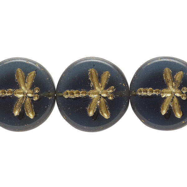 Bead, Preciosa, Czech pressed glass, translucent Montana blue, 17mm flat round with gold-painted dragonfly. Sold per pkg of 12. image number 0
