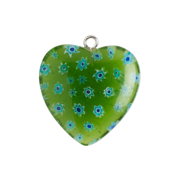 Component 1pkg1, silver-finished steel / millefiori glass, translucent green / cobalt blue / white, 24-25mm puffed heart. image number 0