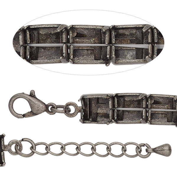 Bracelet component, antique silver-finished brass and steel, 8mm wide cupchain with (20) SS39 rivoli settings, 7 inches with 1-inch extender chain and lobster claw clasp. Sold individually. image number 0