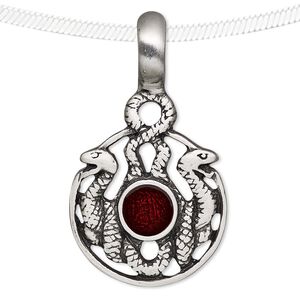 Pendant, enamel and antiqued pewter (tin-based alloy), red, 43x25mm round with snakes. Sold individually.