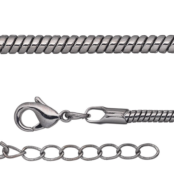 Chain, gunmetal-plated brass, 2.5mm snake, 16 inches with 1-inch extender chain and lobster claw clasp. Sold per pkg of 2. image number 0