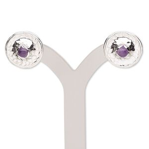 Earring, amethyst (natural) and sterling silver, 14mm hammered round with post. Sold per pair.