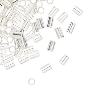 Crimp, silver-finished brass, 3x2mm round tube, 1.4mm inside diameter. Sold per pkg of 100.