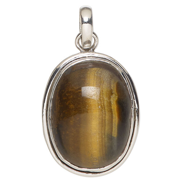 Pendant, tigereye (natural) and sterling silver, 30x24mm oval. Sold individually. image number 0