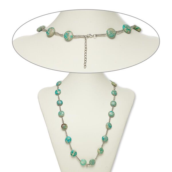 Necklace, magnesite (dyed / stabilized) with silver-plated steel and brass, blue-green, 16mm flat round, 26 inches with 2-inch extender chain and lobster claw clasp. Sold individually. image number 0