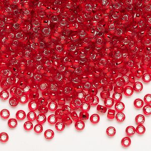 Seed bead, Dyna-Mites™, glass, silver-lined translucent red, #8 round. Sold per 40-gram pkg.