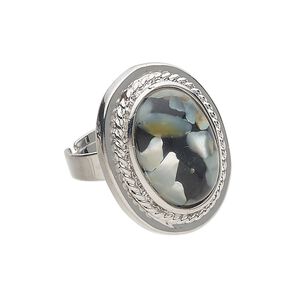 Ring 1pkg1 "pewter" (zinc-based alloy) / mother-of-pearl shell / golden lip shell, 26x20mm oval, bleached/assembled silver finish / black / white