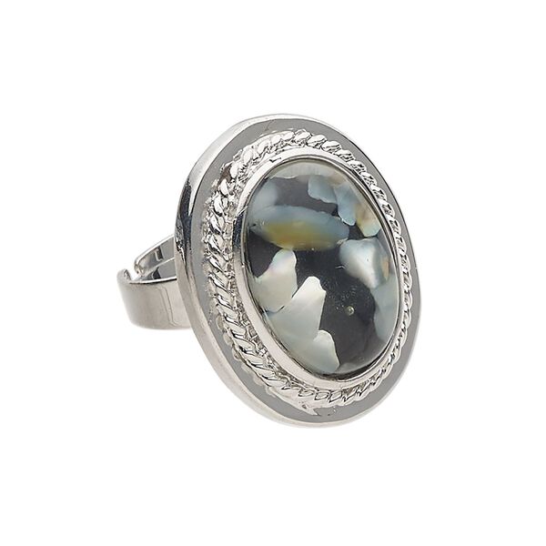 Ring 1pkg1 "pewter" (zinc-based alloy) / mother-of-pearl shell / golden lip shell, 26x20mm oval, bleached/assembled silver finish / black / white image number 0