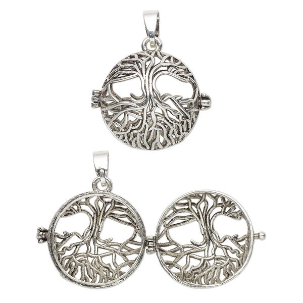 Drop, antique silver-finished brass, 26mm round bead cage with cutout tree of life design and safety latch, fits up to 18mm bead. Sold individually. image number 0