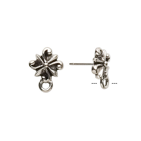Earstud, stainless steel and antique silver-plated pewter (tin-based alloy), 11mm radiating swirl with closed loop. Sold per pkg of 2 pairs. image number 0