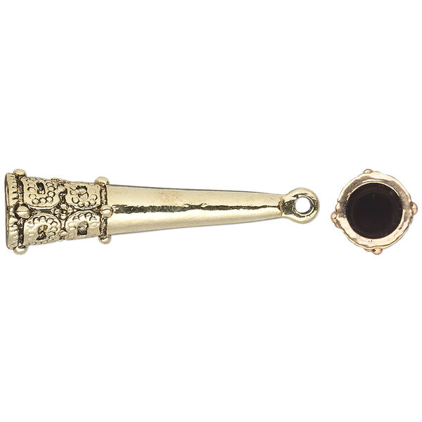 Cord end, glue-in, antique gold-finished "pewter" (zinc-based alloy), 29x8mm textured cone, 5mm inside diameter. Sold per pkg of 6. image number 0