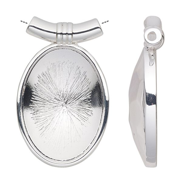 Pendant, Almost Instant Jewelry®, silver-plated "pewter" (zinc-based alloy), 39x24mm with 30x22mm oval setting. Sold individually. image number 0