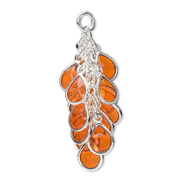 Focal, epoxy and silver-plated brass, orange, 32x16mm teardrop cluster. Sold per pkg of 4. image number 0