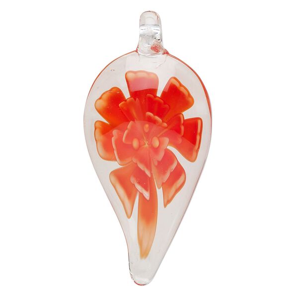 Focal, lampworked glass, transparent clear / opaque orange / opaque white, 40x24mm-48x27mm teardrop with flower. Sold individually. image number 0