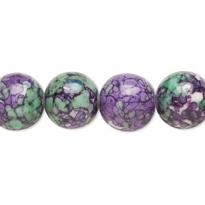 Bead, resin and painted ceramic, purple / green / white, 12mm round. Sold per 15-1/2" to 16" strand.