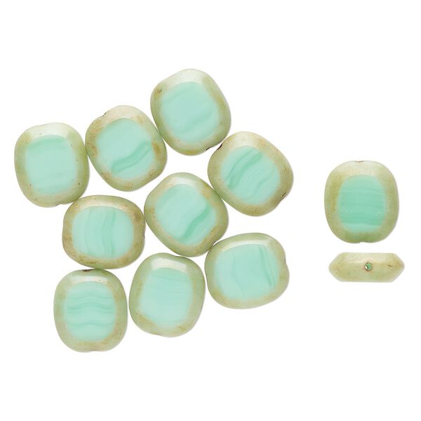 Bead, Czech glass, opaque turquoise and beige travertine, 14x13mm flat pillow. Sold per pkg of 11. image number 0