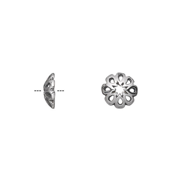 Bead cap, antiqued sterling silver, 9x3mm pierced flower, fits 10-12mm bead. Sold per pkg of 2. image number 0