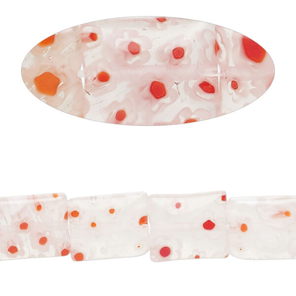 Bead, millefiori glass, translucent dark red / orange / white / clear, 12x10mm puffed rectangle with flower design. Sold per 14-inch strand. image number 0