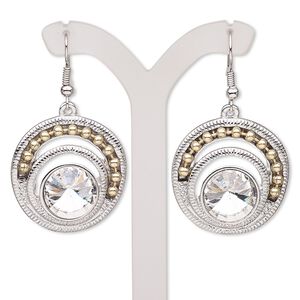 Earring, glass rhinestone with antique silver-plated brass and "pewter" (zinc-based alloy), clear, 48mm with round and fishhook ear wire. Sold per pair.