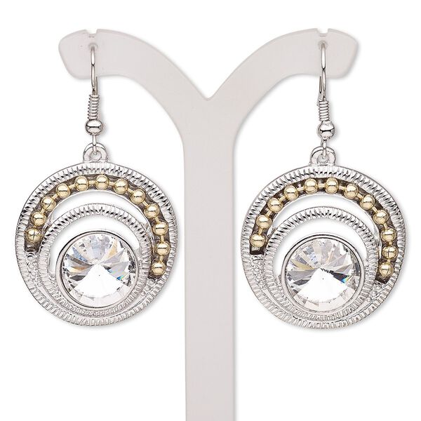 Earring, glass rhinestone with antique silver-plated brass and "pewter" (zinc-based alloy), clear, 48mm with round and fishhook ear wire. Sold per pair. image number 0