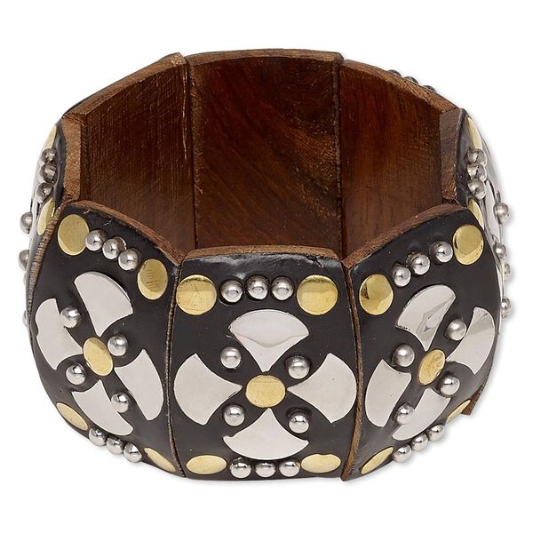 Bracelet, stretch, wood / resin / brass / stainless steel, dark brown, 48mm wide with iron cross design, 7 inches. Sold individually. image number 0
