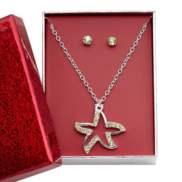 Necklace and earring set, Everyday Jewelry, glass rhinestone / silver-finished brass / steel / "pewter" (zinc-based alloy), yellow, 29x26.5mm starfish, 16 inches with 3-inch extender chain and lobster claw clasp, 4.5mm round with post. Sold per set. image number 0