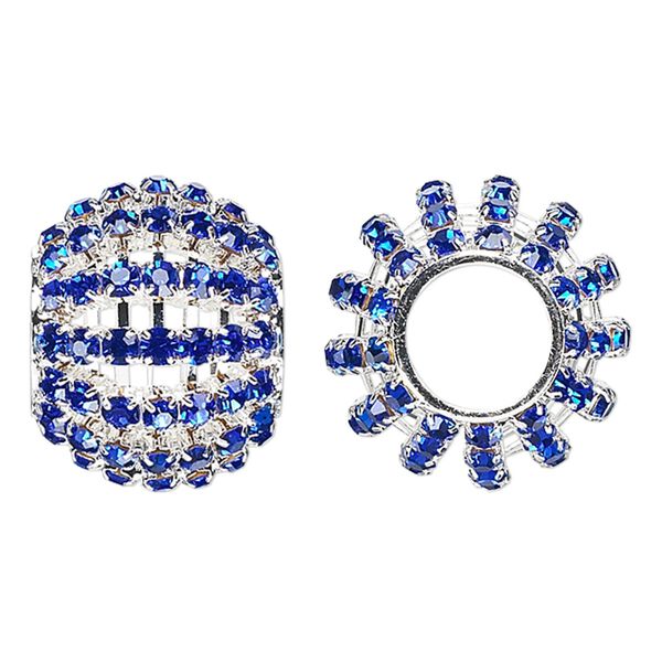 Bead, glass rhinestone and silver finish brass, cobalt, 25x20mm barrel with 3mm chatons, 11.5mm hole. Sold individually. image number 0