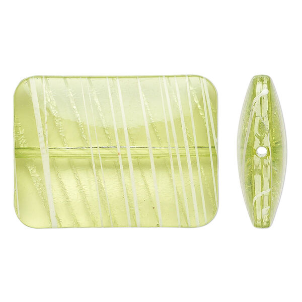 Bead, acrylic, semitransparent green and white, 40x30mm puffed rectangle with painted line design. Sold per pkg of 12. image number 0
