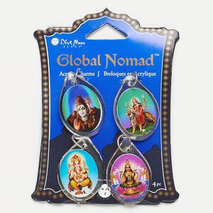 Focal, acrylic and steel, multicolored, 32x22mm flat teardrop with Hindu god designs. Sold per pkg of 4.