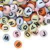 Bead mix, acrylic, opaque mixed colors, 7mm double-sided flat round with alphabet letters. Sold per pkg of 200. image number 0