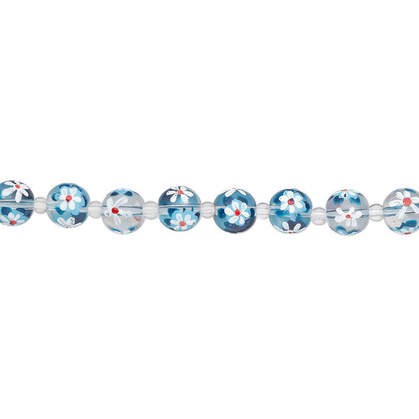 Bead, glass 1pkg8, multicolored, 12mm round with hand-painted flower. image number 1