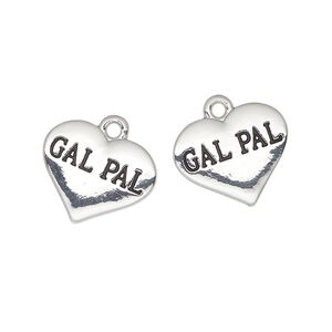 Charm, antique silver-finished enamel "pewter" (zinc-based alloy), black, 16x13mm heart with "Gal Pal". Sold per pkg of 2.