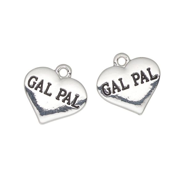Charm, antique silver-finished enamel "pewter" (zinc-based alloy), black, 16x13mm heart with "Gal Pal". Sold per pkg of 2. image number 0